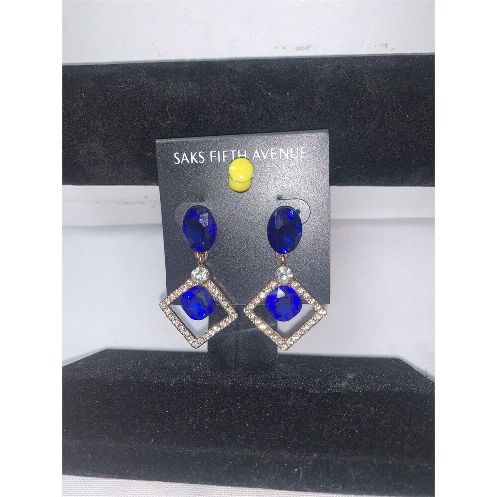 Saks Fifth Avenue Blue Gemstone With Dangling Rhinestone Square Earrings NWT
